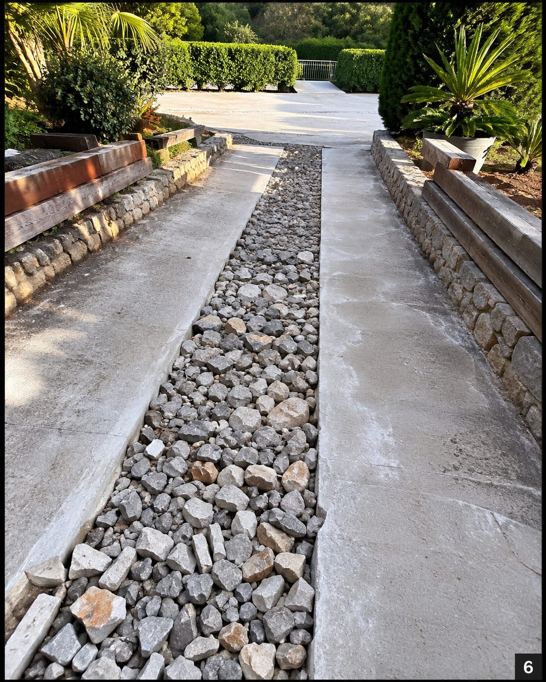 Tranchée drainante remplie de gravier le long d'une allée, chantier VRD dans le golfe de Saint-Tropez