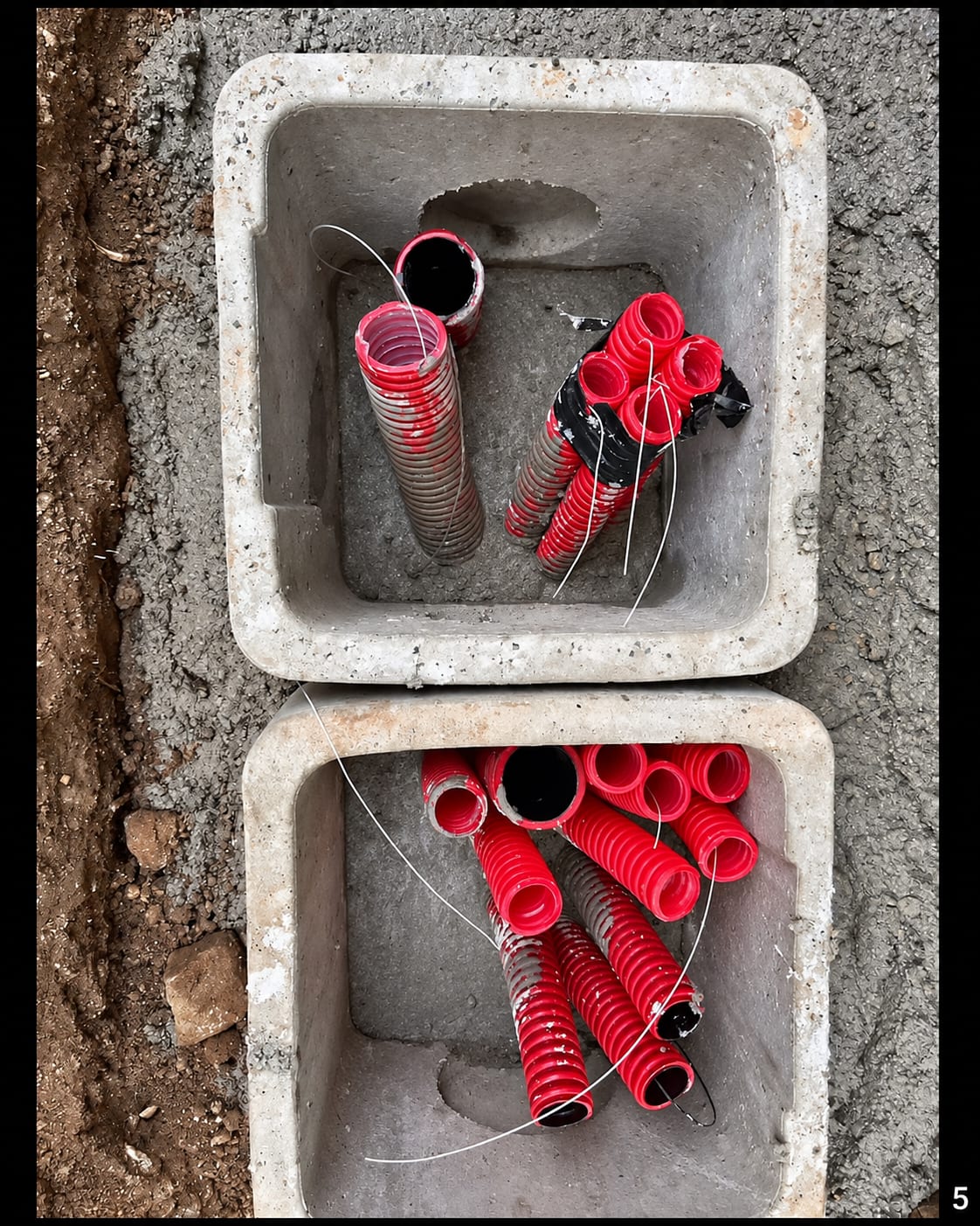 Regards en béton avec gaines rouges en attente de raccordement