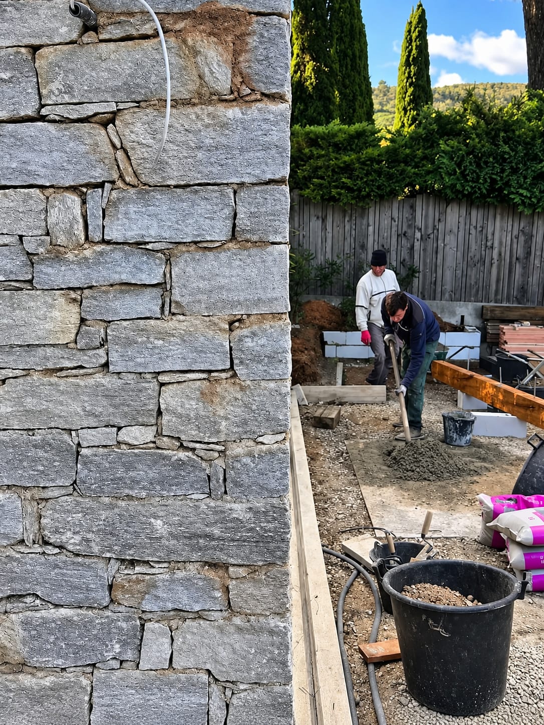 Maçons de l'équipe au travail sur un mur en pierre naturelle, cyprès en arrière-plan