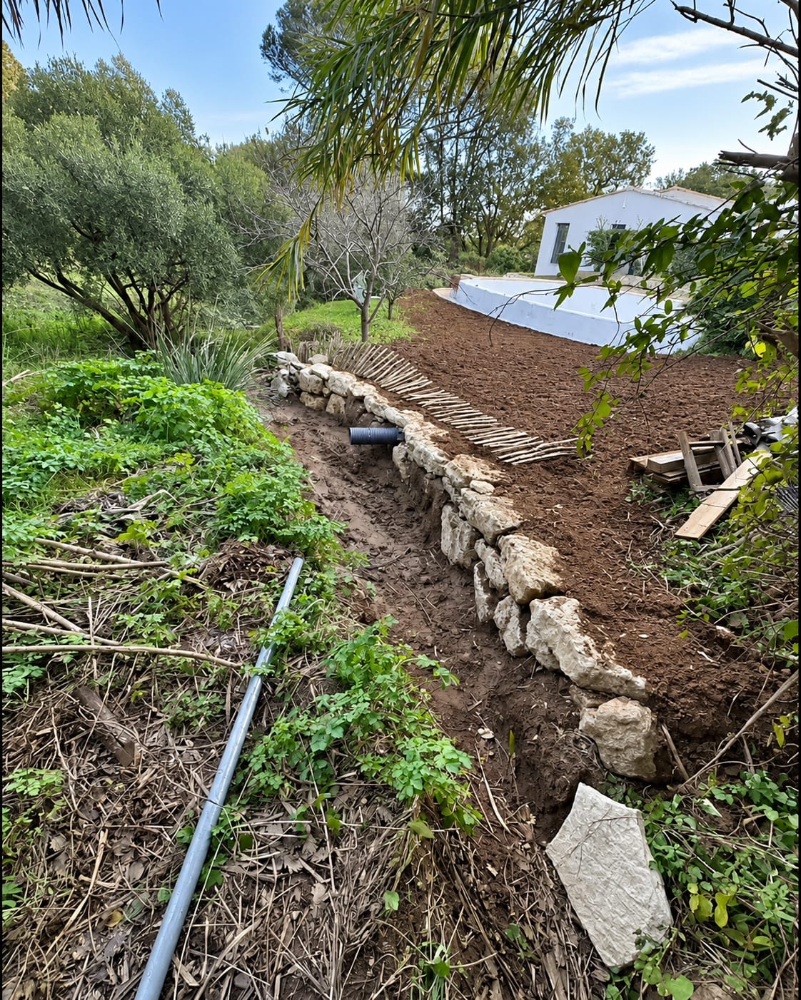 Tranchée drainante le long d'un mur en pierre, réseau pluvial à Ramatuelle