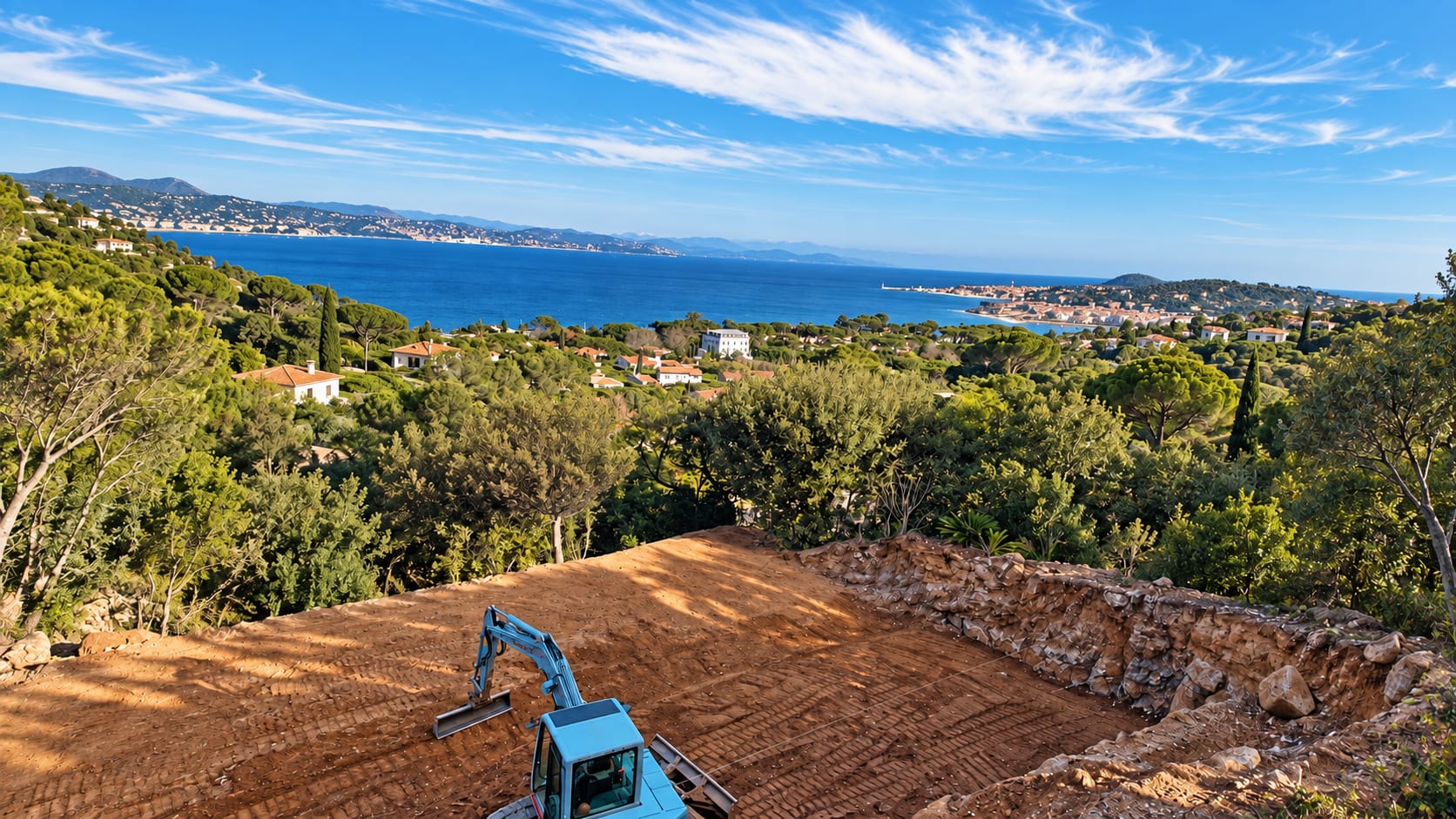Vue aérienne d'un terrassement de piscine à Gassin : pelle mécanique sur la plateforme, mer et golfe de Saint-Tropez en arrière-plan