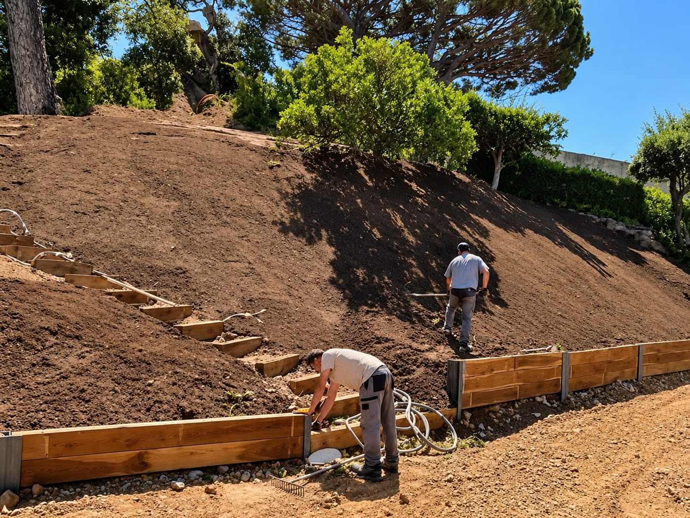 Mur de soutènement en traverses paysagères et marches dans un jardin en cours d'aménagement