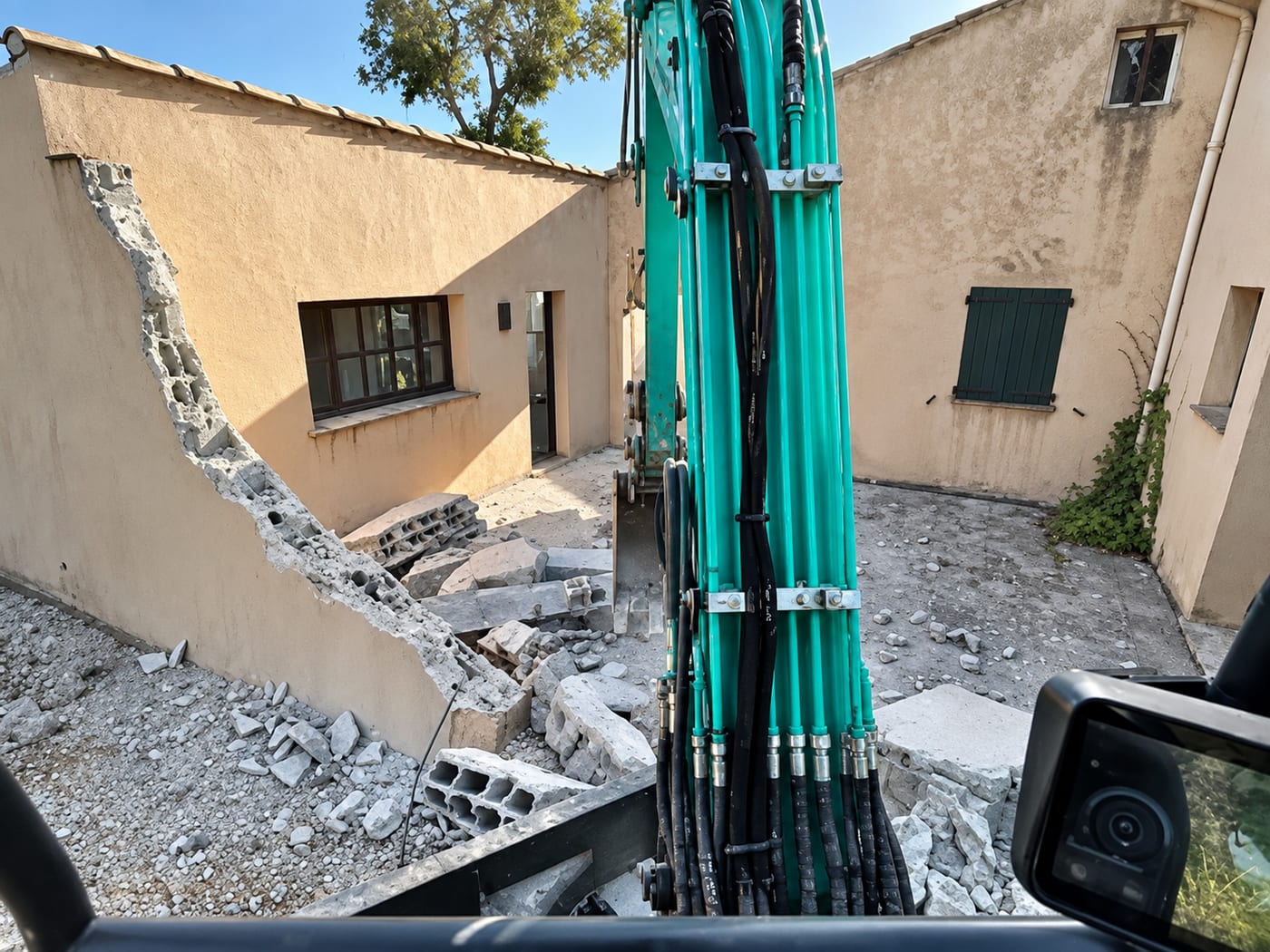 Pelle mécanique en cours de démolition d'un mur de la maison incendiée, à Cogolin