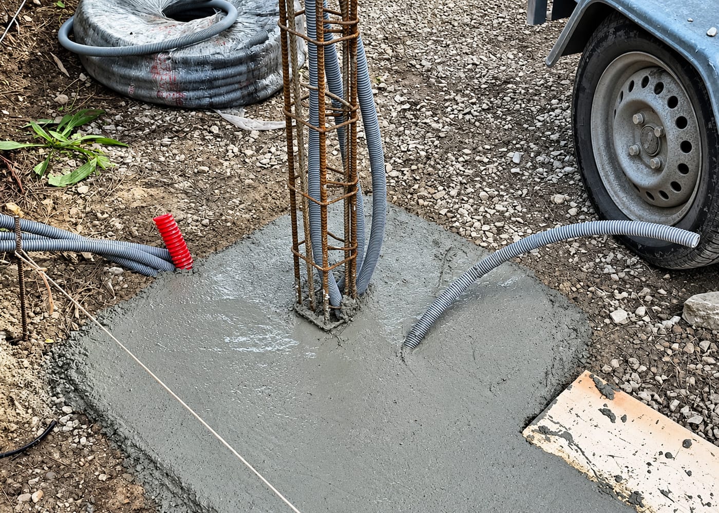 Ferraillage en attente dans une semelle béton fraîchement coulée