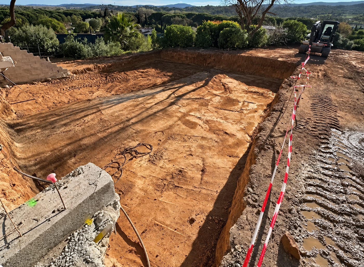 Fouille de terrassement ouverte, rubalise et mur en agglos, collines du golfe en arrière-plan